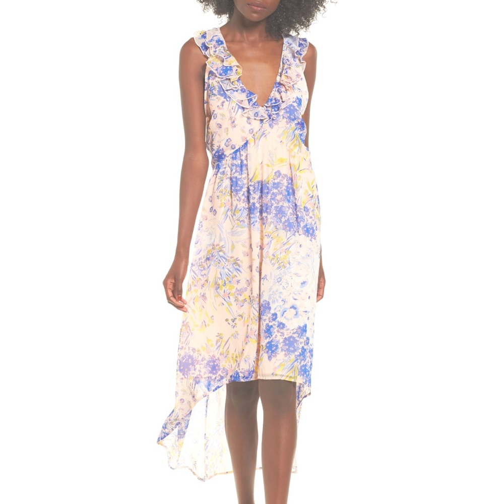 Leith Floral Watercolor Chiffon Deep V Ruffle High Lo Midi Dress Pink Blue L NWT